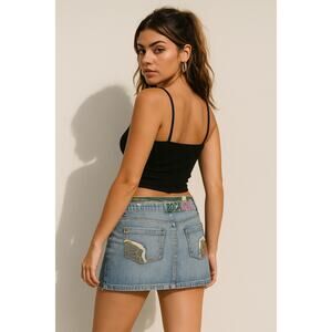 Vintage Y2K Rocawear Denim Mini Skirt Womens 5 6 Blue Patchwork Camo Jay-Z